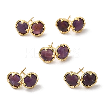 Natural Amethyst Flat Round Stud Earrings EJEW-A099-02G-1
