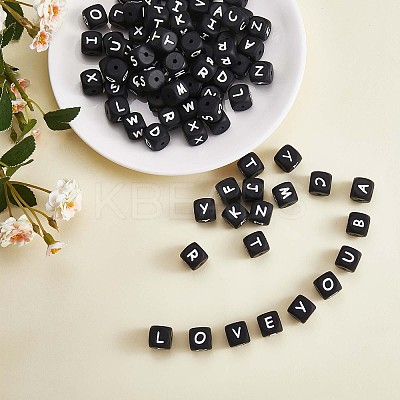20Pcs Black Cube Letter Silicone Beads 12x12x12mm Square Dice Alphabet Beads with 2mm Hole Spacer Loose Letter Beads for Bracelet Necklace Jewelry Making JX433Y-1