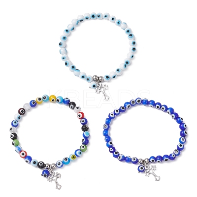 3Pcs 3 Colors Cross 304 Stainless Steel Charm Bracelets BJEW-JB12262-1