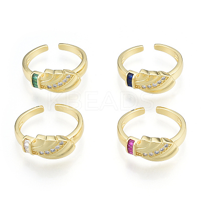 Cubic Zirconia Leaf Open Cuff Ring RJEW-N037-037-1