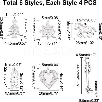 24Pcs 6 Styles 304 Stainless Steel Pendants STAS-UN0022-45-1