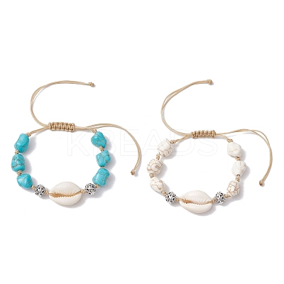 2Pcs Adjustable Synthetic Turquoise Dyed Beads & Natural Cowrie Shell Beaded Braided Bead Bracelets for Women BJEW-JB11544-1