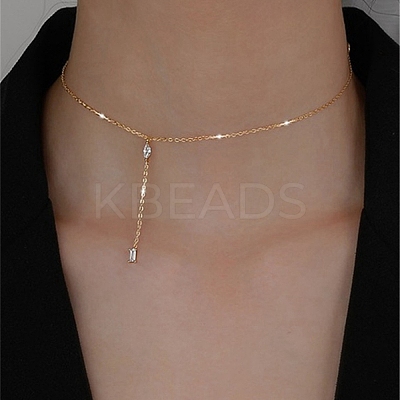 925 Sterling Silver Pave Clear Cubic Zirconia Teardrop with Rectangle Tassel Y Necklaces for Women FS-WGE0FA3-02-1