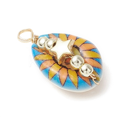 Printed Natural Cowrie Shell Copper Wire Wrapped Pendants PALLOY-JF03954-01-1
