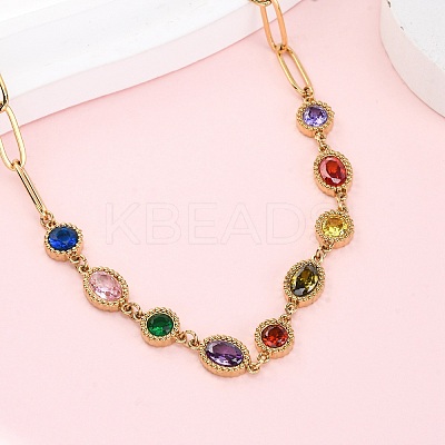 304 Stainless Steel Colorful Cubic Zirconia Flat Round Oval Link Chain Necklaces for Women LS-NJEW-A051-06G-1