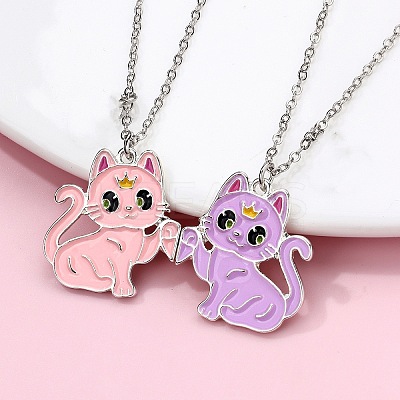 2Pcs Zinc Alloy Enamel Magnetic BFF Cat Shaped Split Pendant Friendship Necklaces for Girls FS-WG880EB-01-1
