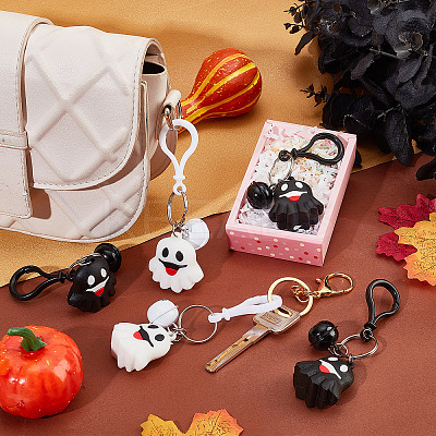 12Pcs 2 Colors Halloween Theme Cute Cartoon PVC Ghost Pendant Keychain with Bell Charm KEYC-CP0001-15-1