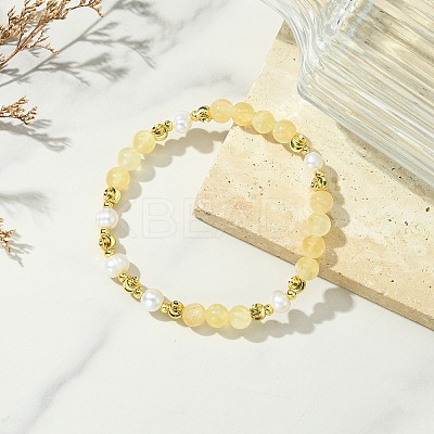 Round Natural Golden Silk Jade & Cultured Freshwater Pearl & Brass Beaded Stretch Bracelets for Women BJEW-JB14060-02-1