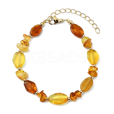 Natural Amber & Brass Beaded Bracelets for Women BJEW-JB13697-1