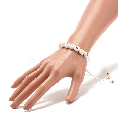 Acrylic Flat Round with Letters Braided Bead Bracelet for Women BJEW-JB07571-01-1