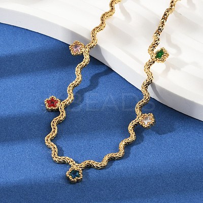 304 Stainless Steel Rope Chain Colorful Cubic Zirconia Tassel Necklaces for Women NJEW-V015-01G-C-1