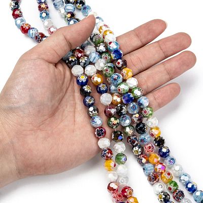 Faceted Round Handmade Millefiori Glass Beads Strands LK-R004-41-1