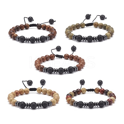 Natural Lava Rock & Wood Braided Bead Bracelet BJEW-JB08537-1