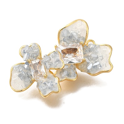 Brass Clear Cubic Zirconia & Glass Flower Connector Charms KK-K388-63G-1
