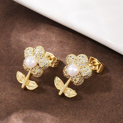 Brass Micro Pave Clear Cubic Zirconia Flower Stud Earrings EJEW-L275-11G-1