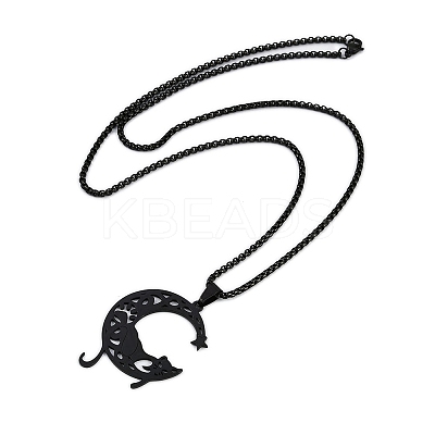 201 Stainless Steel Hollow Moon Cat Shaped Pendant Box Chain Necklaces NJEW-M010-06-1