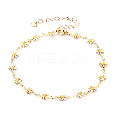 Brass Enamel Daisy Link Chain Anklets AJEW-AN00337-1