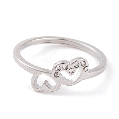 304 Stainless Steel with Rhinestone Heart Finger Ring for Women RJEW-C086-11-P-1