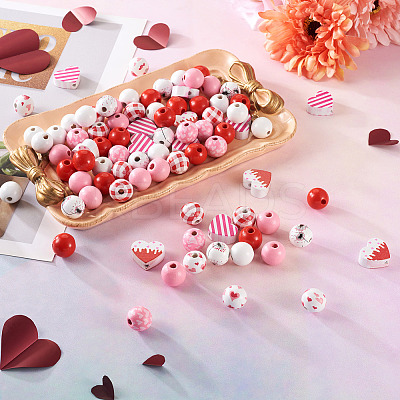 120Pcs 9 Styles Valentine's Day Painted Natural Wood Beads WOOD-KS0001-20-1