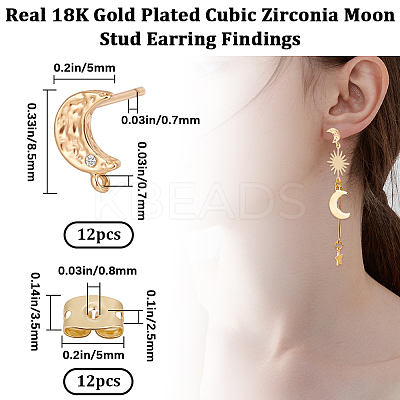 12Pcs Crescent Moon Brass Micro Pave Clear Cubic Zirconia Stud Earring Findings KK-BBC0009-89-1