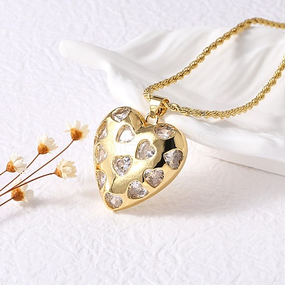 Heart Brass Micro Pave Clear Cubic Zirconia Pendant Necklaces for Women NJEW-S385-04A-G-1