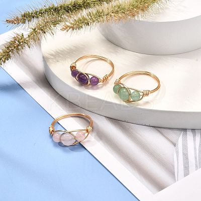 Copper Wire Wrapped Mixed Natural Gemstone Braided Bead Rings for Women RJEW-JR00387-1