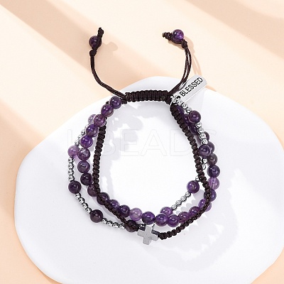 Adjustable Natural Amethyst & Hematite Braided Bead Bracelets BJEW-U035-01C-1