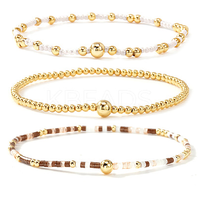 3Pcs 3 Styles Glass Seed Beads & Brass Beads Stretch Bracelets Set for Women VQ8944-2-1