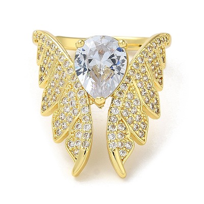 Rack Plating Brass Micro Pave Clear Cubic Zirconia Open Cuff Rings RJEW-M162-03G-1