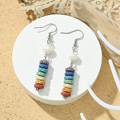Natural Pearl & Dyed Lava Rock Disc Beaded Dangle Earrings EJEW-JE05563-1