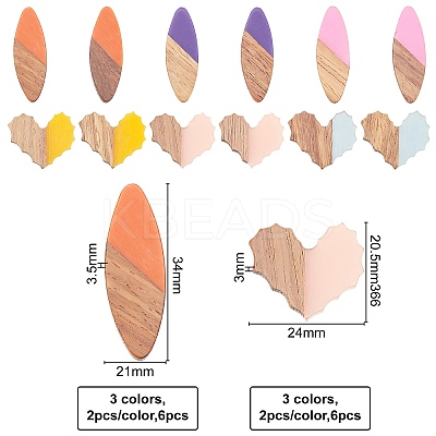 12Pcs 2 Style Resin & Walnut Wood Cabochons RESI-OC0001-30-1
