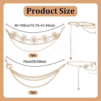 2Pcs 2 Styles Moon Sun Alloy Link Waist Body Chains AJEW-UN0002-20G-1