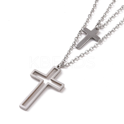 Non-Tarnish 304 Stainless Steel Hollow Out Cross Pendant Double Layer Necklace with Cable Chains for Men Women NJEW-E088-01P-1