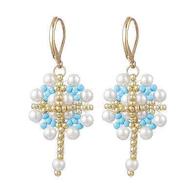 Flower with Cross 304 Stainless Steel Earrings Glass Seeds Leverback Earrings EJEW-MZ00507-04-1