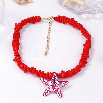 Ocean Polymer Clay Starfish Pendant Red Resin Beaded Necklaces with Alloy End Chains FS-WGFD479-02-1