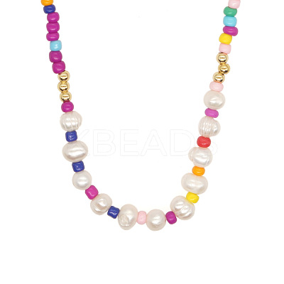 Bohemian Handmade Candy Color Resin and Potato Imitation Pearl Beaded Nsecklaces with Brass Chain for Women WG2740-1-1
