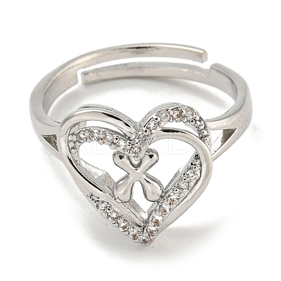 Heart with Letter Rack Plating Brass Micro Pave Clear Cubic Zirconia Adjustable Rings for Women RJEW-I105-01P-X-1