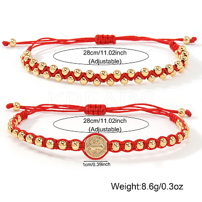 2Pcs 2 Styles Adjustable Brass Round Beads Braided Bracelets SQ0566-3-1