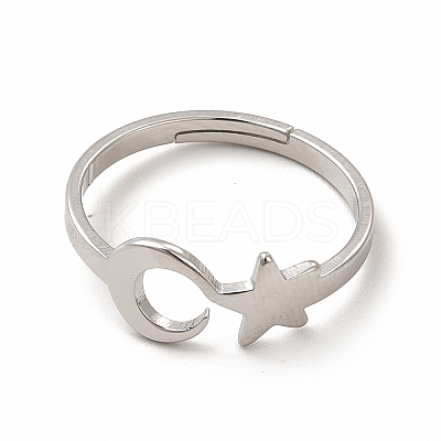Non-Tarnish 304 Stainless Steel Star and Moon Adjustable Ring for Women RJEW-B027-15P-1