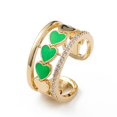 Enamel Heart Open Cuff Ring with Clear Cubic Zirconia RJEW-L100-027G-1