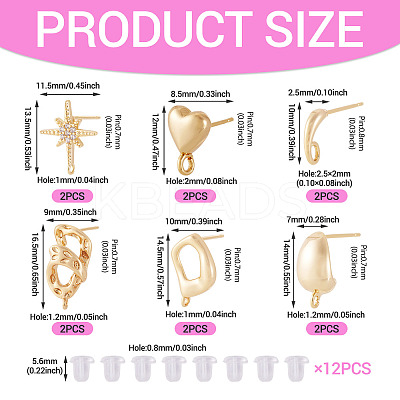 12Pcs 6 Styles Brass Stud Earring Findings KK-TA0003-20-1