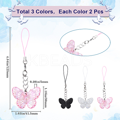 6Pcs 3 Colors Butterfly Acrylic Mobile Straps AJEW-GF0009-11-1