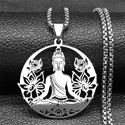 201 Stainless Steel Hollow Buddha Yoga Flower Pendant Necklaces for Women NJEW-K283-06P-1