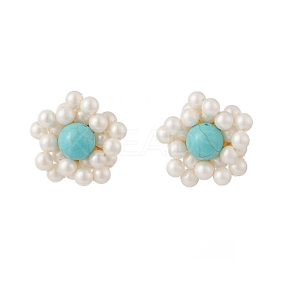 Synthetic Green Turquoise & Shell Pearl Braided Flower Stud Earrings EJEW-TA00161-1