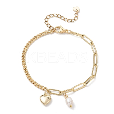 Heart Brass & Natural Cultured Freshwater Pearl Charms Bracelets BJEW-JB12923-1