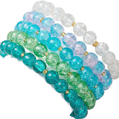 5Pcs 5 Color Spray Painted Crackle Glass Beads Stretch Bracelets for Men Women BJEW-MZ00202-1