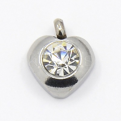 201 Stainless Steel Rhinestone Heart Charm Pendants RB-M030-05J-1