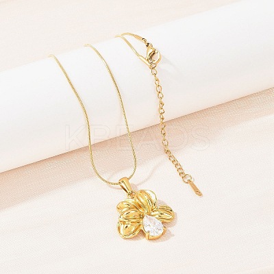 304 Stainless Steel Pave Clear Cubic Zirconia Flower Pendant Necklaces NJEW-H088-04G-1
