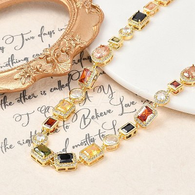 Brass Colorful Cubic Zirconia Cup Chain Oval & Rectangle Necklaces for Women NJEW-M079-05G-1
