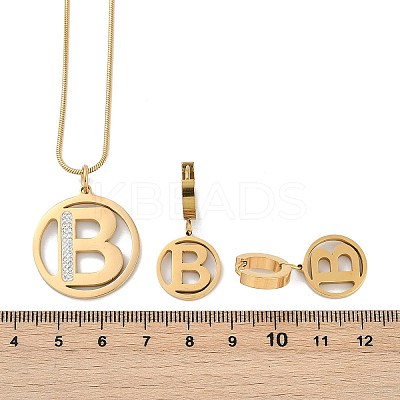Flat Round with Letter B 304 Stainless Steel Pendant Necklaces & Hoop Earring Jewelry Sets SJEW-L177-08G-1